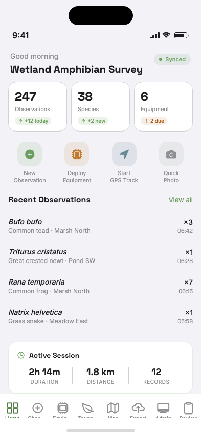 Taxon dashboard showing field survey stats