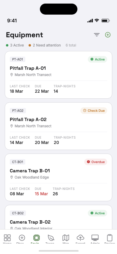 Equipment tracking screen